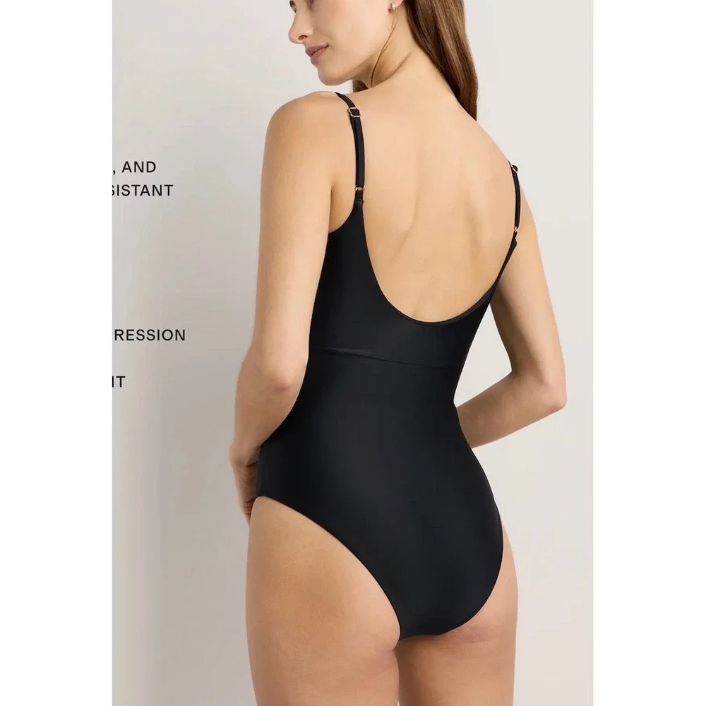 NWT Quince Womens Italian Cut Out One Piece Swimsuit Medium Sustainable Black